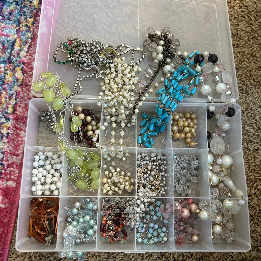 Box full oh AMAZING VINTAGE BEADED CHAIN and rhinestones